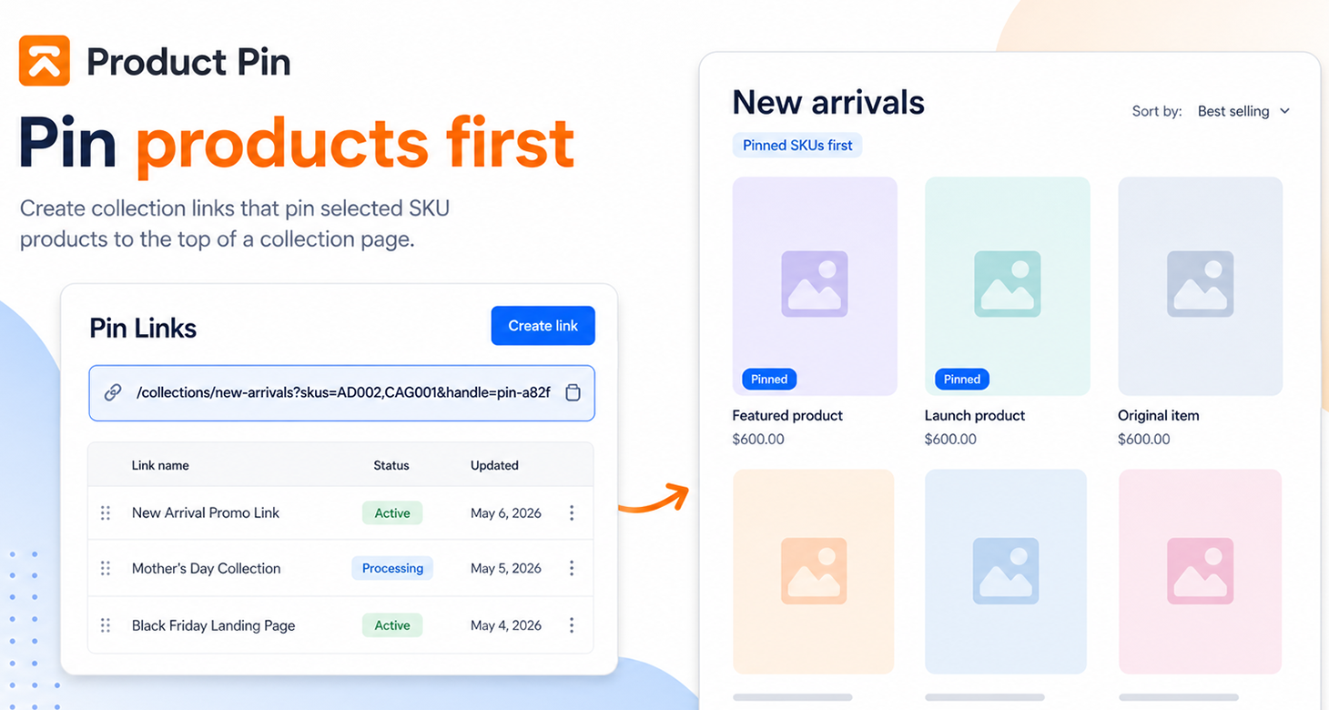 Product Pin dashboard showing pin links and pinned products first in a Shopify collection