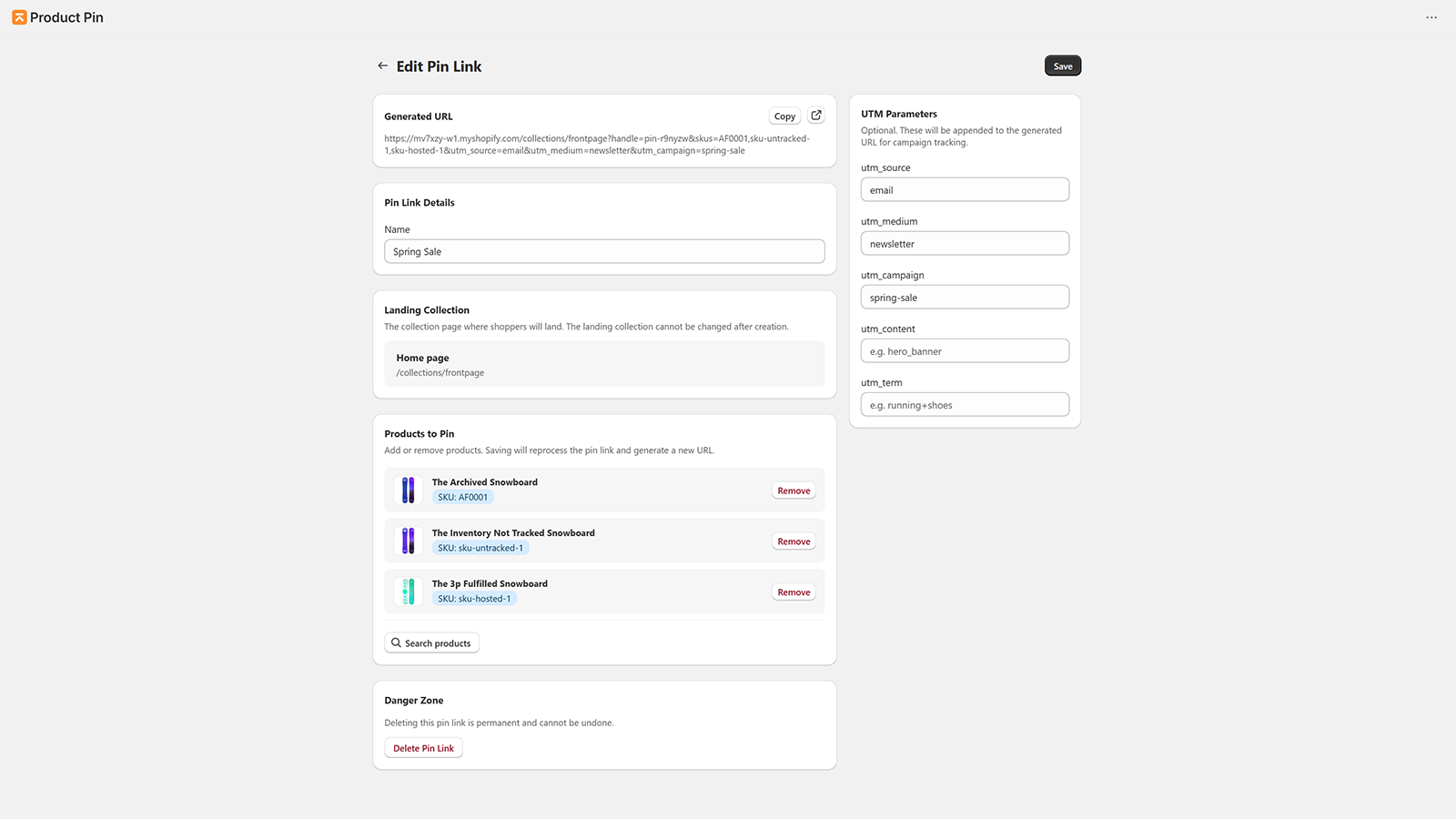 Product Pin edit pin link screen with generated URL, selected products, and UTM parameters